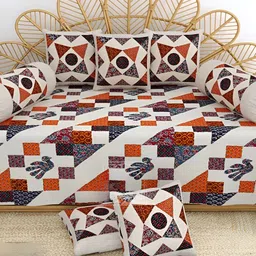 LIVING ROOTS White & Orange 8 Pieces Coloured Printed Pure Cotton Diwan Set-image-33