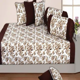 SHADES of LIFE Beige Brown 6 Pieces Floral Printed Cotton Diwan Set-29