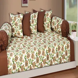SHADES of LIFE Brown 6 Pieces Floral Printed Cotton Diwan Set-17