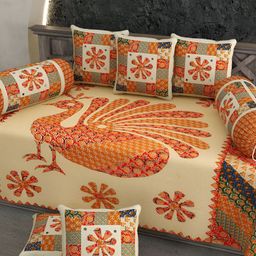 LIVING ROOTS Orange & Red 8 Pieces Block Printed Pure Cotton Diwan Set-image-79
