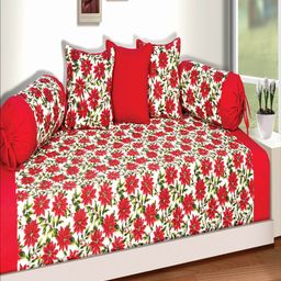 SHADES of LIFE Red 5 Pieces Floral Printed Cotton Diwan Set-23