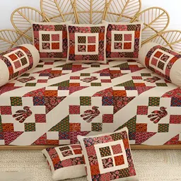 LIVING ROOTS Beige & Red 8 Pieces Printed Pure Cotton Diwan Set-image-83
