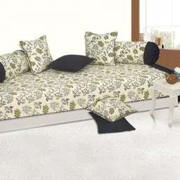 SHADES of LIFE Cream Blue 6 Pieces Floral Printed Cotton Diwan Set-41