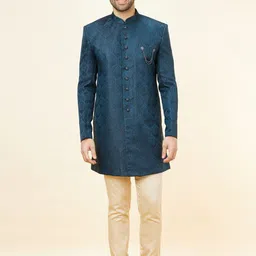 Manyavar Self Design Mandarin Collar Raw Silk Sherwani Set-image-92