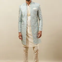 Manyavar Self Design Mandarin Collar Raw Silk Sherwani Set-picture-48