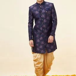 Manyavar Self Design Mandarin Collar Raw Silk Sherwani Set-image-18