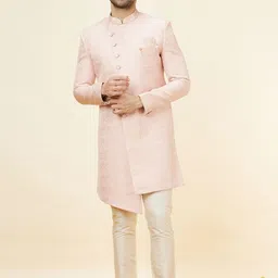 Manyavar Self Design Mandarin Collar Raw Silk Sherwani Set-image-19