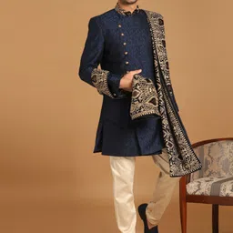 Manyavar Men Blue Self-Design Traditional Indo Western Sherwani Set-image-75