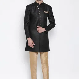 VASTRAMAY Mandarin Collar Jute Cotton Slim-Fit Sherwani Set-image-28