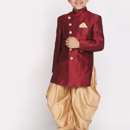 VASTRAMAY Boys Maroon & Gold-Coloured Solid Slim-Fit Jute Cotton Sherwani Set-picture-3