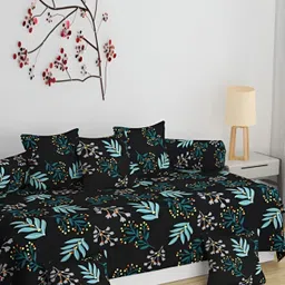 DECOR VATIKA Black & Blue 8 Pieces Floral Printed Diwan Set-26