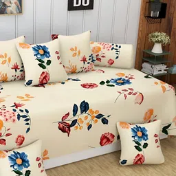 Bajo's Beige & Blue 8 Pieces Floral Printed Cotton Diwan Set-56