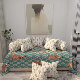 EverHOME 8 Pcs Teal-Green Printed Cotton Diwan Set-39
