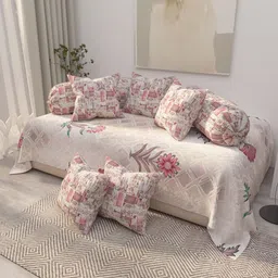 EverHOME 8-Pcs White & Pink Printed Cotton Diwan Set-23