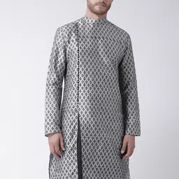 DEYANN Men Silver-Toned & Black Ethnic Motifs Printed Dupion Silk Kurta with Patiala-12