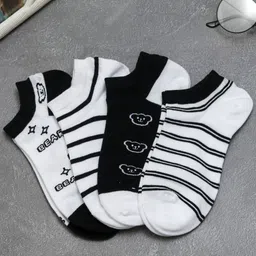 Yellow Bee Kids Pack of 4 Striped & Patterned Ankle Length Cotton Socks-image-19