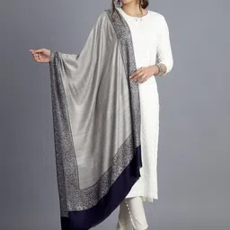 HANDICRAFT PALACE Women Grey & Navy Blue Paisley Woven Design Wool Stole-11