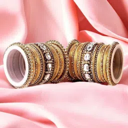 leshya Set Of 62 Brass-Plated Stone-Studded & Beaded Bangles-57