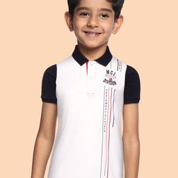 Monte Carlo Boys White & Navy Blue Printed Polo Collar Pure Cotton T-shirt-image-97