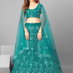SHOPGARB Women Teal Embroidered Semi-Stitched Lehenga & Blouse with Dupatta-picture-42