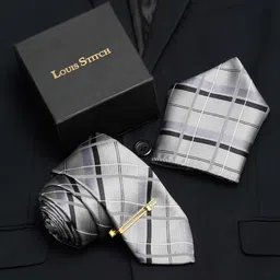 LOUIS STITCH Men Checked Silk Necktie Accessory Gift Set-image-51