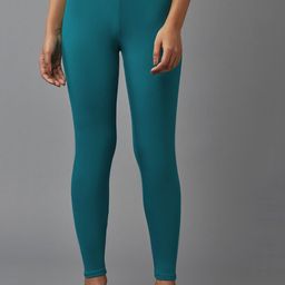 W Women Teal Green Solid Ankle Length Leggings-4