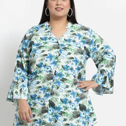 KLOTTHE White & Blue Floral Print Mandarin Collar Top-image-24
