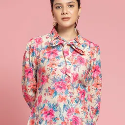 OCTICS Pink Floral Print Tie-Up Neck Cuffed Sleeve Cotton Top-picture-38
