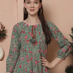 Rajnandini Floral Print Tie-Up Neck Pure Cotton Regular Top-58