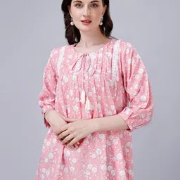 Fbella Pink Floral Print Tie-Up Neck Cotton Pleated A-Line Top-image-25