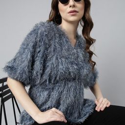 SHOWOFF Self Design V-Neck Fringed Blouson Top-picture-46