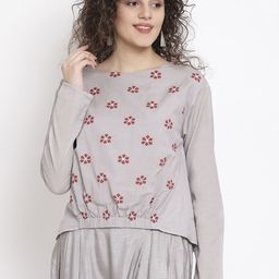 ROOTED Women Grey Printed Blouson Top-image-32