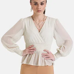 Kazo Self Designed Smocked Detailed V-Neck Bishop Sleeves Regular Top-image-62