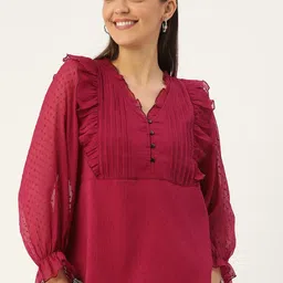 Antheaa Purple Self-Design Ruffles Chiffon Top-image-21