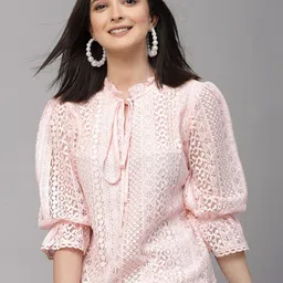 Style Quotient Self Design Tie-Up Neck Puff Sleeve Cotton Top-35