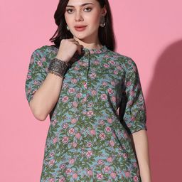 FASHION DREAM Floral Printed Mandarin Collar Puff Sleeve Cotton Top-image-62