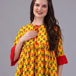 KPF Ethnic Motifs Printed Tie-Up Neck Bell Sleeve Cotton Empire Top-image-2