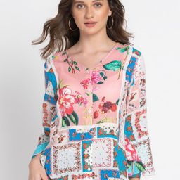 SHAYE Floral Print V-Neck Bell Sleeve Pure Cotton Shirt Style Top-image-2