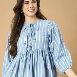 Fashfun Women Striped Puff Sleeve Pure Cotton Peplum Top-64