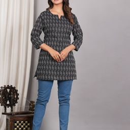 DHANOTA Geometric Print Puff Sleeve Cotton Top-image-94