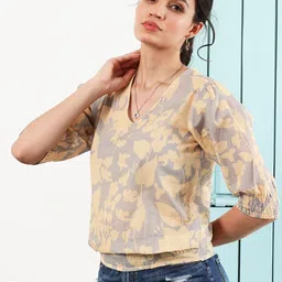 Boho By Athena Floral Print V-Neck Puffed Sleeves Cotton Top-image-41