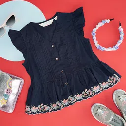 AKKRITI BY PANTALOONS Girls Floral Embroidered Lace Inserts Flutter Sleeves A-Line Top-picture-5