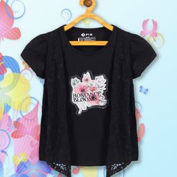 3PIN Girls Floral Printed Round Neck Puff Sleeves Lace-Up Cotton Regular Top-11