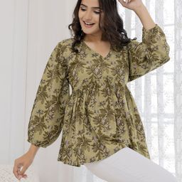 Nayo Floral Printed V-Neck Puff Sleeves Cotton Peplum Top-image-11