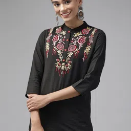 KALINI Floral Print Embroidered Mandarin Collar Cotton Regular Top-image-93