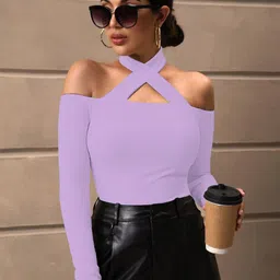 BAESD Ribbed Cold-Shoulder Halter Neck Fitted Top-image-83