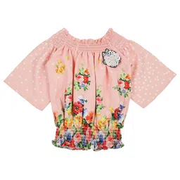 Actuel Peach-Coloured & Red Floral Print Pure Cotton Blouson Top-4