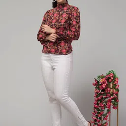 J Style Floral Print High Neck Puff Sleeves Crepe Blouson Top-image-66