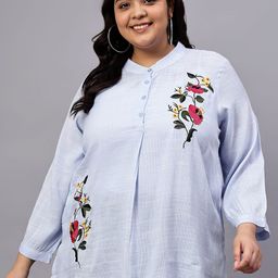 Indietoga Plus Size Blue Embroidered Cotton Longline Tunic Tops-picture-12