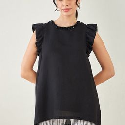 First Resort by Ramola Bachchan Flutter Sleeves Fringed Detail Linen A-Line Top-picture-20